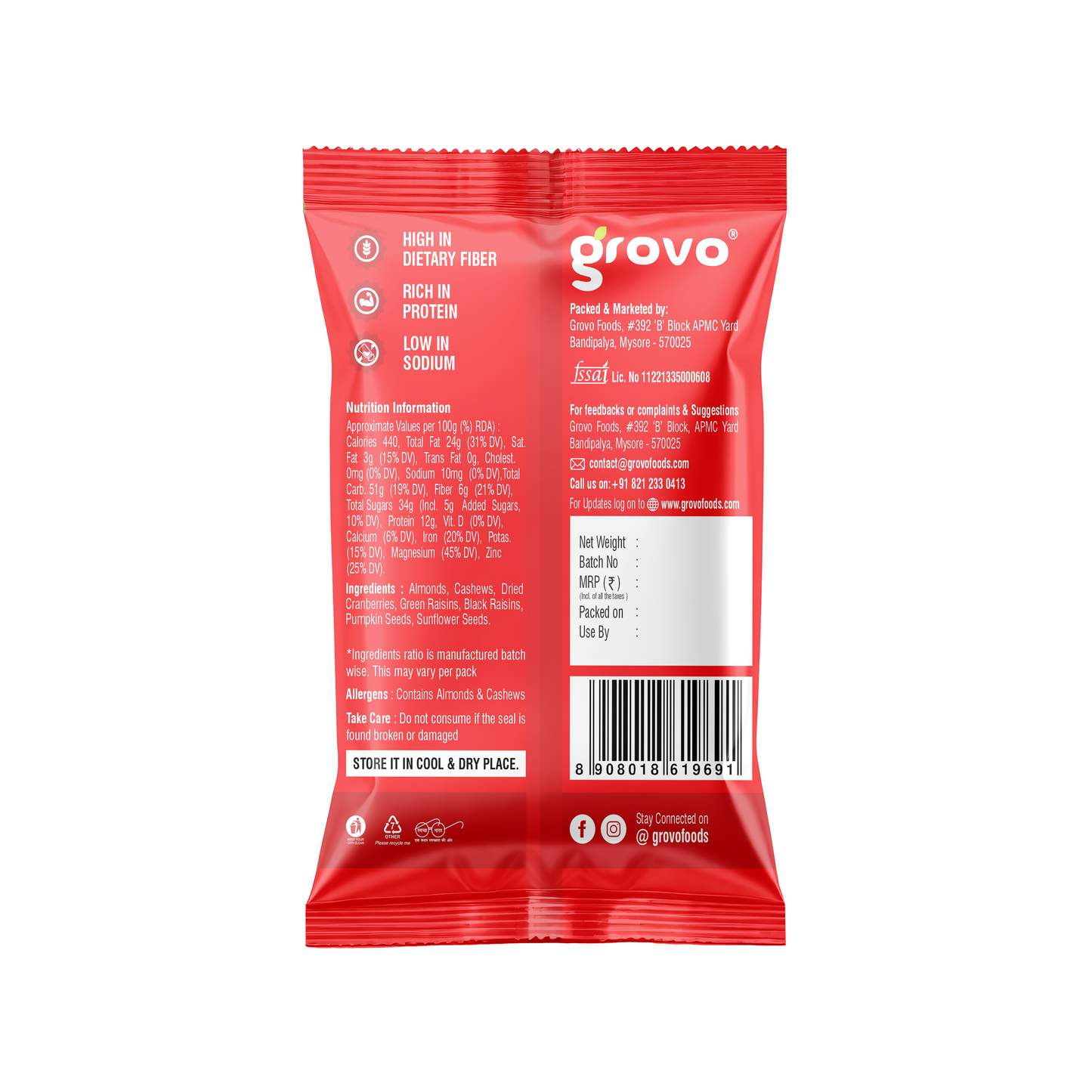 Grovo Trail Dry Fruits & Nut Mix 18g X Pack of 12 - 216g